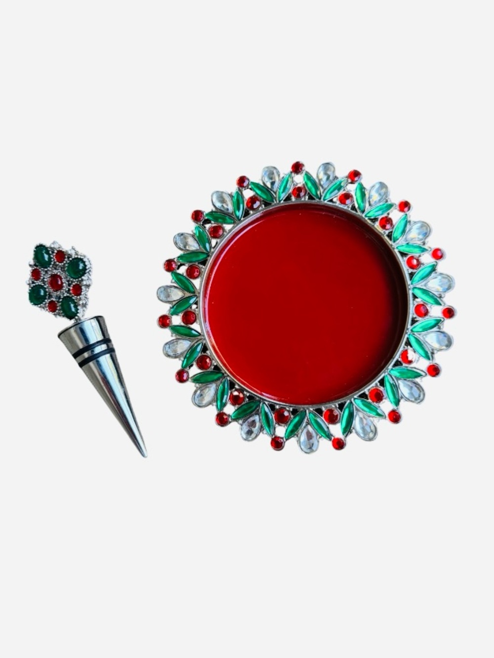 Bombay Red and Green Jeweled Brooch-Style Wine Stopper Set